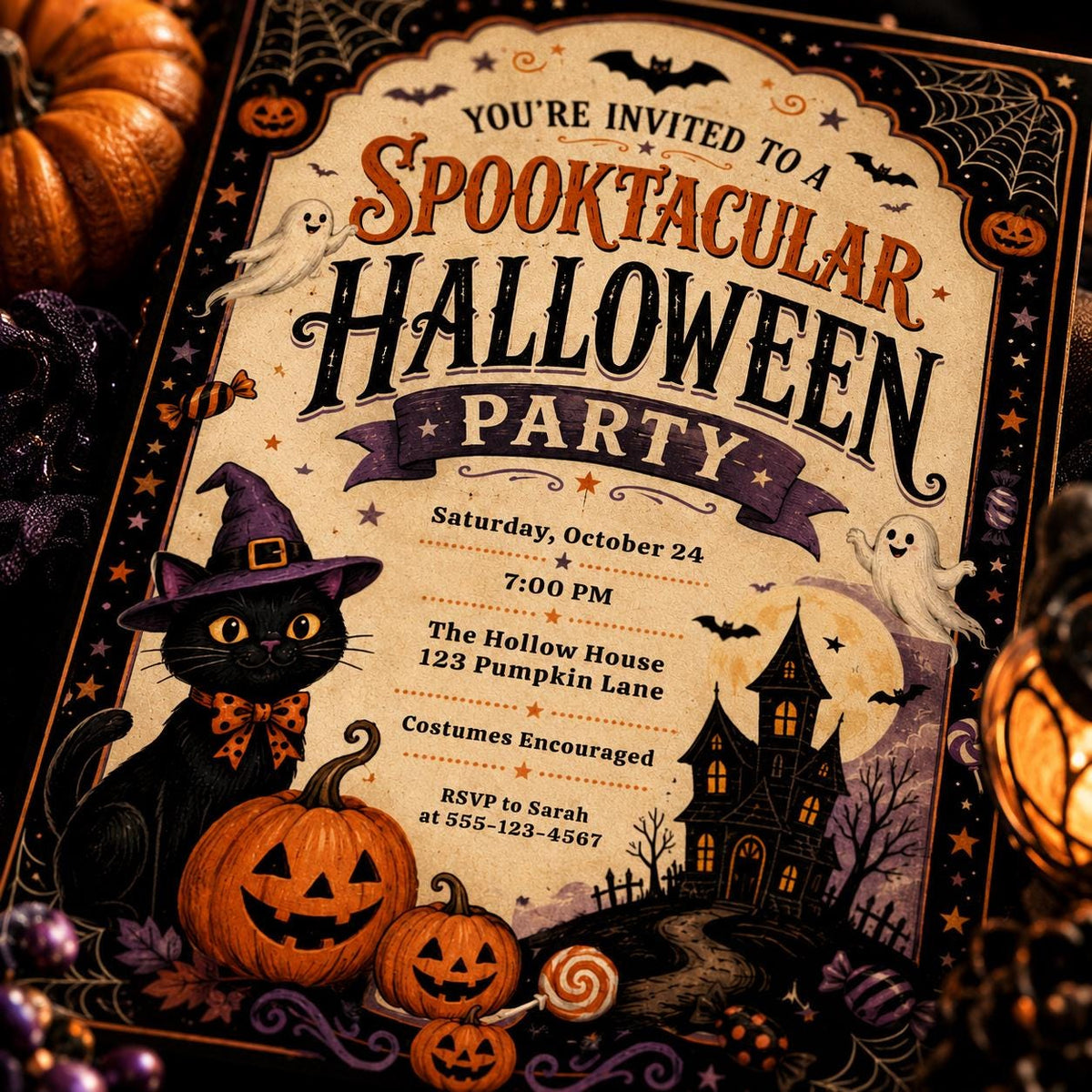 Black Halloween Party Invitation: Spooktacular Cute Ghost Cat — digital invitation, instant download