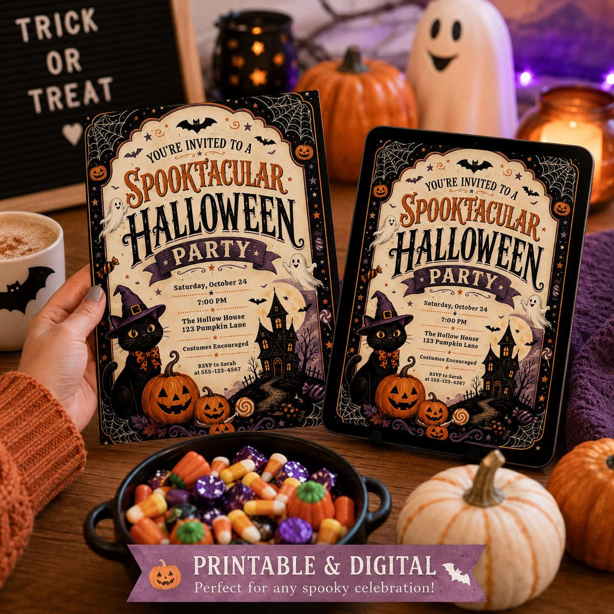 Black Halloween Party Invitation: Spooktacular Cute Ghost Cat — Halloween party stationery by VoltBy