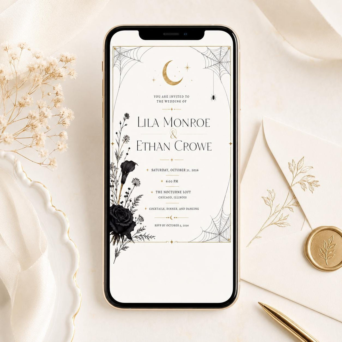 Black Minimalist Halloween Wedding Invitation — celestial and rose design