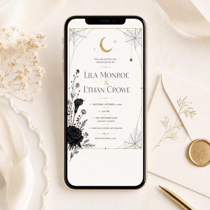 Black Minimalist Halloween Wedding Invitation — celestial and rose design