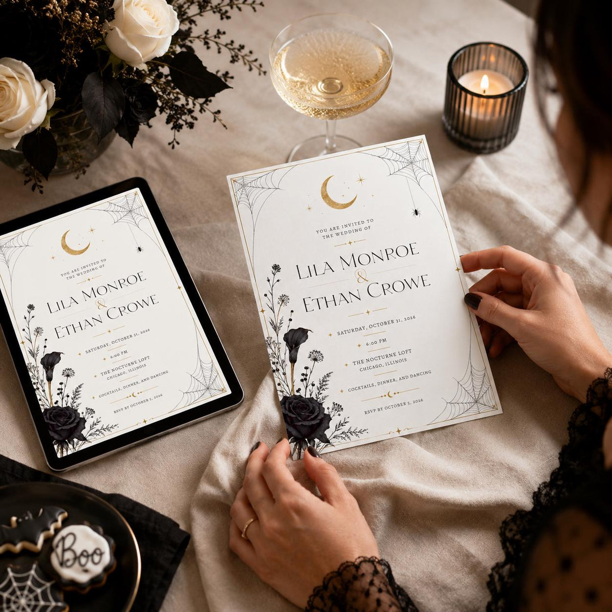 Black Minimalist Halloween Wedding Invitation — invitation you personalize in Canva