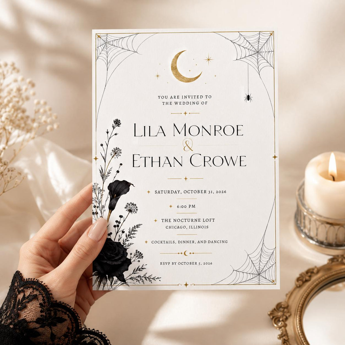 Black Minimalist Halloween Wedding Invitation — celestial wedding design