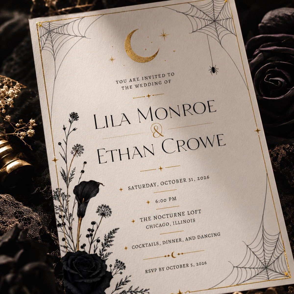 Black Minimalist Halloween Wedding Invitation — print-ready wedding design from VoltBy