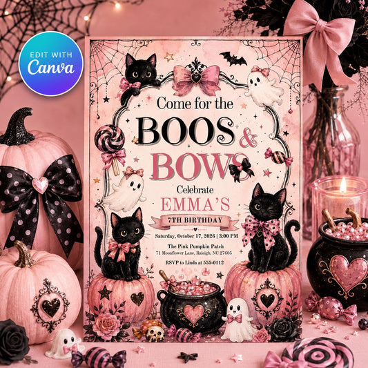Black Pink Halloween 7th Birthday Invitation for Girls — editable Canva template