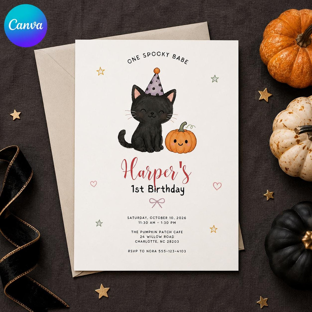 Black Spooky One Birthday Invitation — editable Canva template
