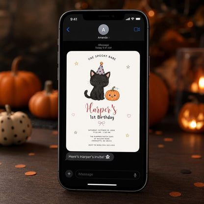 Black Spooky One Birthday Invitation — cat and pumpkin design
