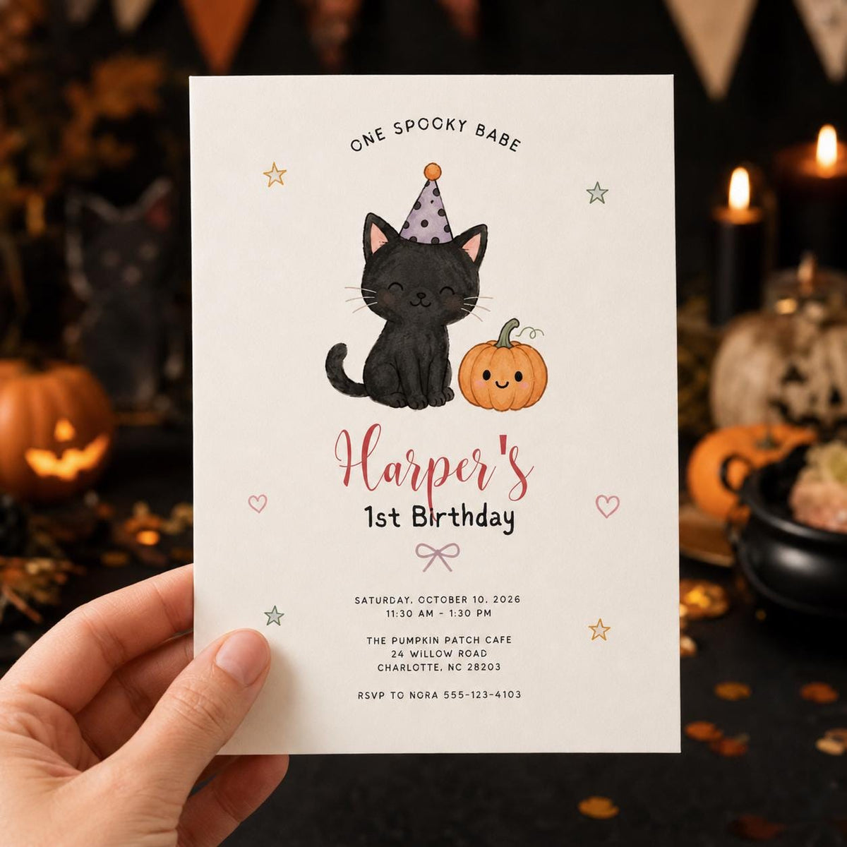 Black Spooky One Birthday Invitation — invitation you personalize in Canva