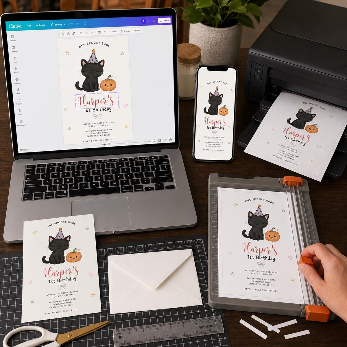 Black Spooky One Birthday Invitation — print-ready first birthday design from VoltBy