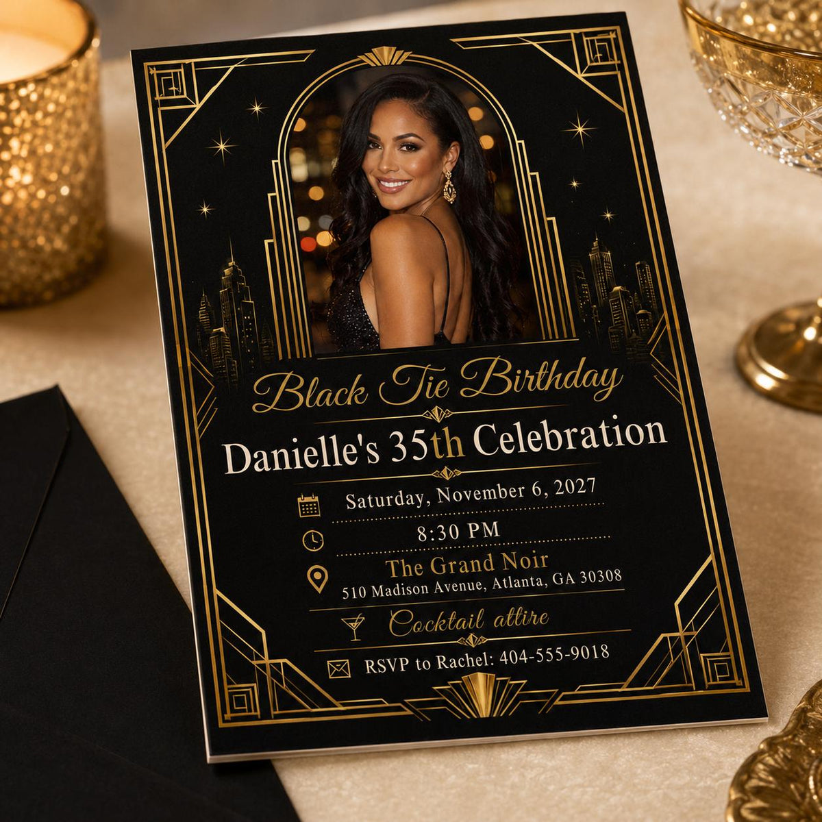 Black Tie Photo 35th Birthday Invitation with Angular Gold Frame — invitation you personalize in Canva