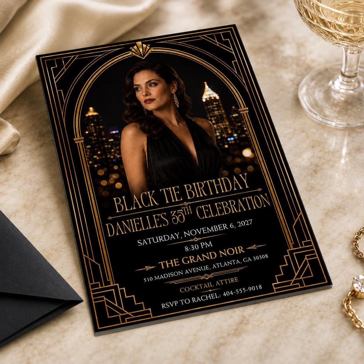 Black Tie Photo 35th Birthday Invitation with Tall Gold Arch — invitation you personalize in Canva