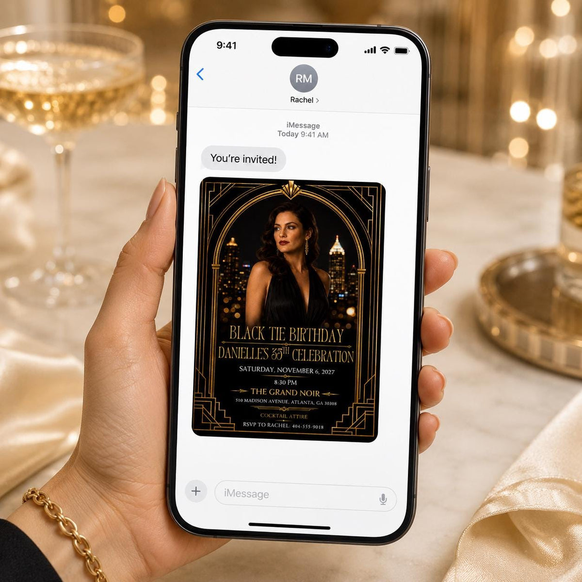 Black Tie Photo 35th Birthday Invitation with Tall Gold Arch — print-ready 35th birthday party design from VoltBy