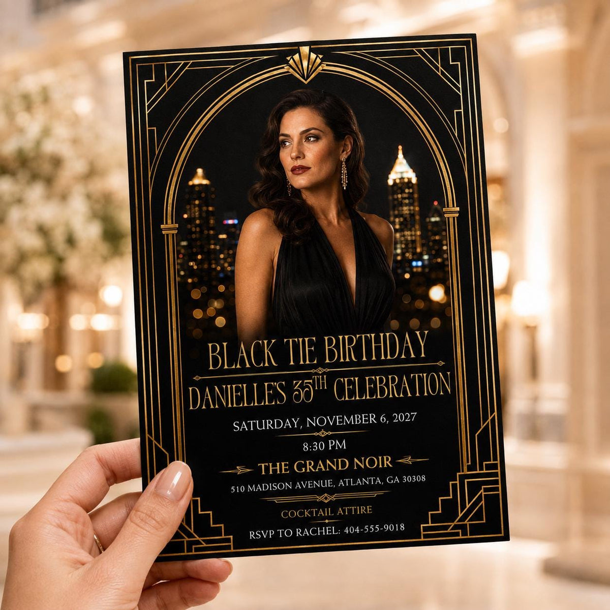 Black Tie Photo 35th Birthday Invitation with Tall Gold Arch — digital invitation, instant download