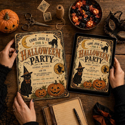Black Vintage Halloween Party Invitation — cat and pumpkin design