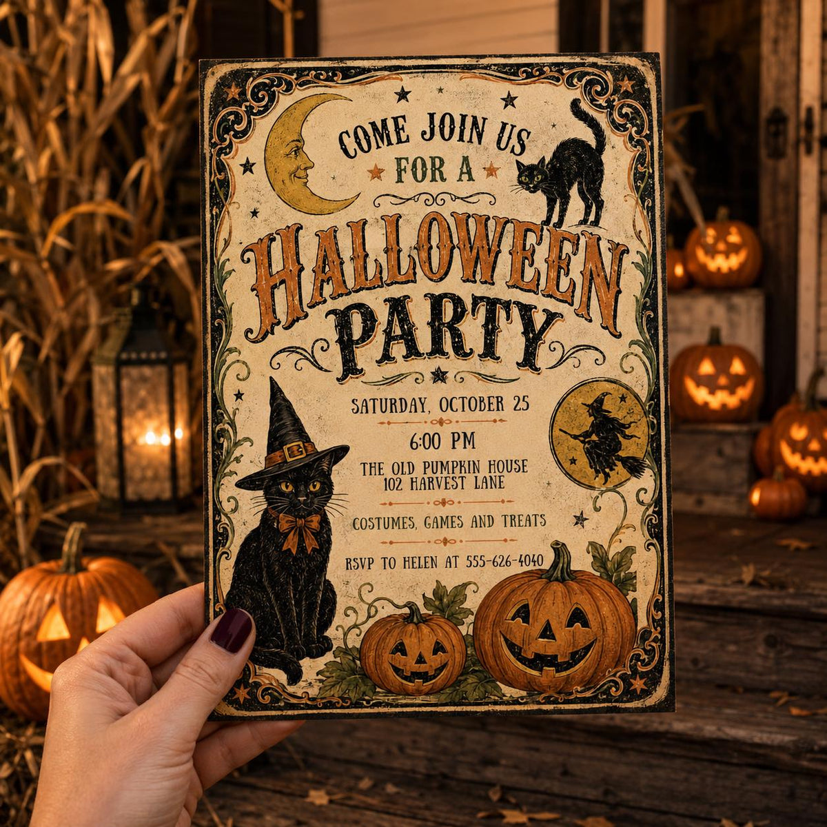 Black Vintage Halloween Party Invitation — invitation you personalize in Canva