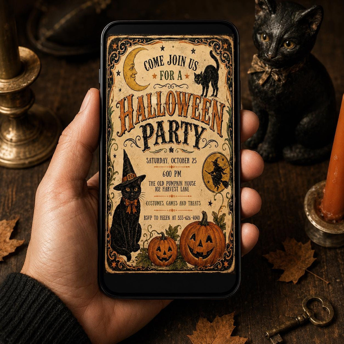 Black Vintage Halloween Party Invitation — retro Halloween party design