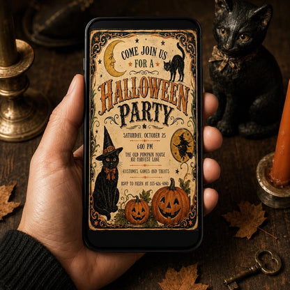 Black Vintage Halloween Party Invitation — retro Halloween party design