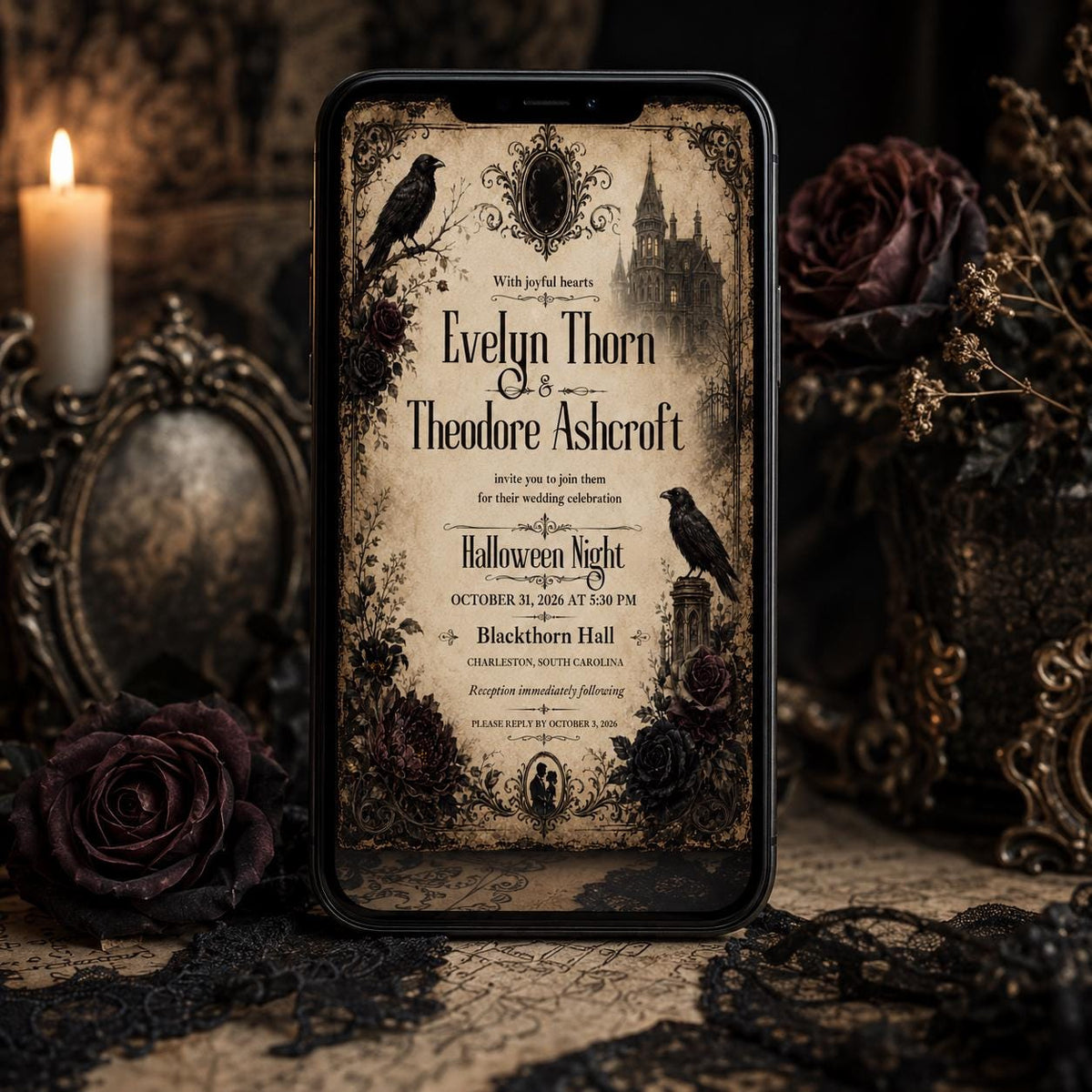 Black Vintage Halloween Wedding Invitation — invitation you personalize in Canva