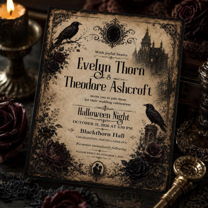 Black Vintage Halloween Wedding Invitation — gothic wedding design
