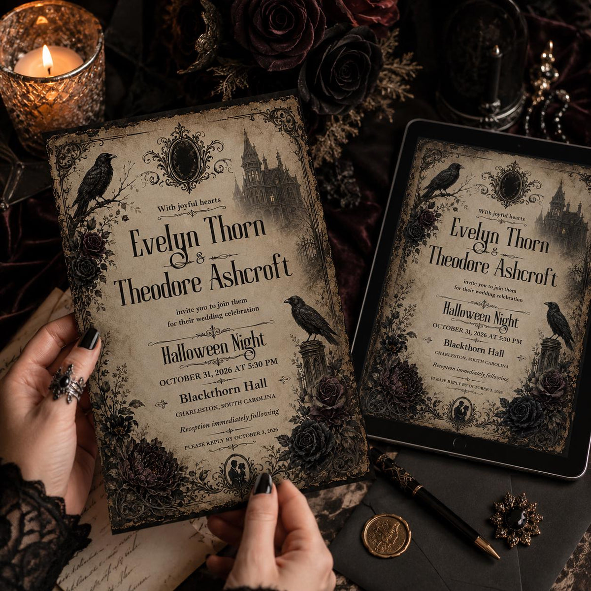 Black Vintage Halloween Wedding Invitation — print-ready wedding design from VoltBy