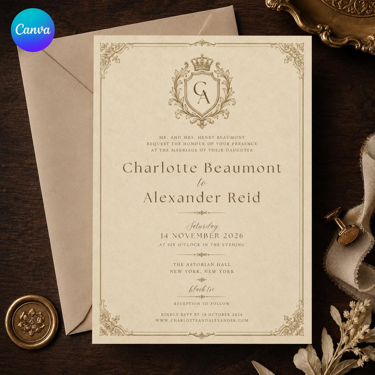 Black Vintage Monogram Wedding Invitation — editable Canva template