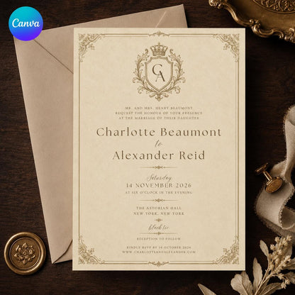 Black Vintage Monogram Wedding Invitation — editable Canva template