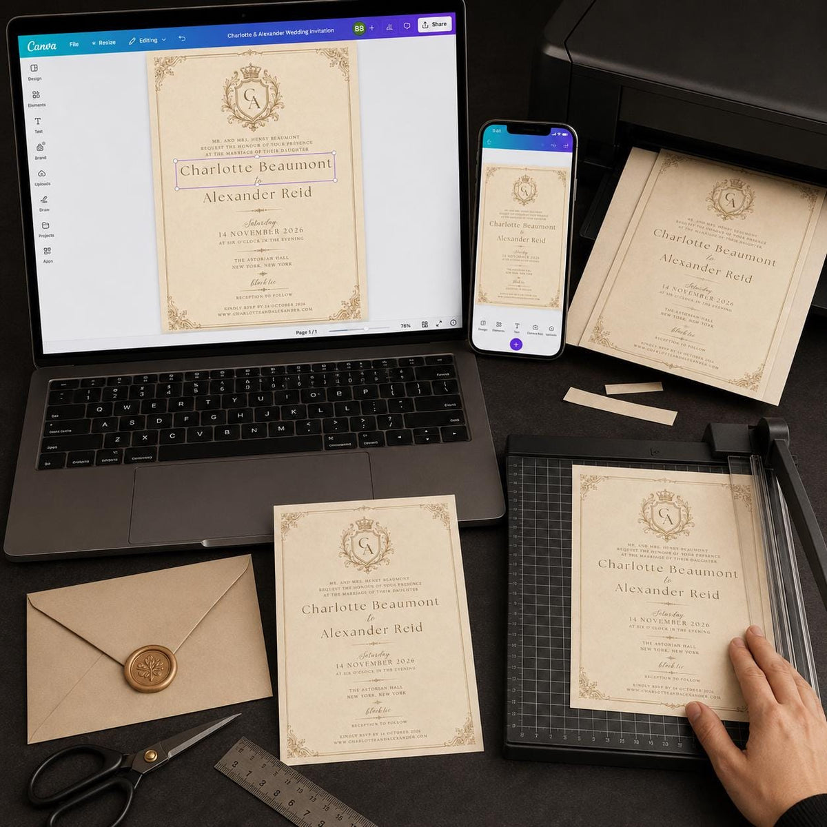 Black Vintage Monogram Wedding Invitation — print-ready wedding design from VoltBy
