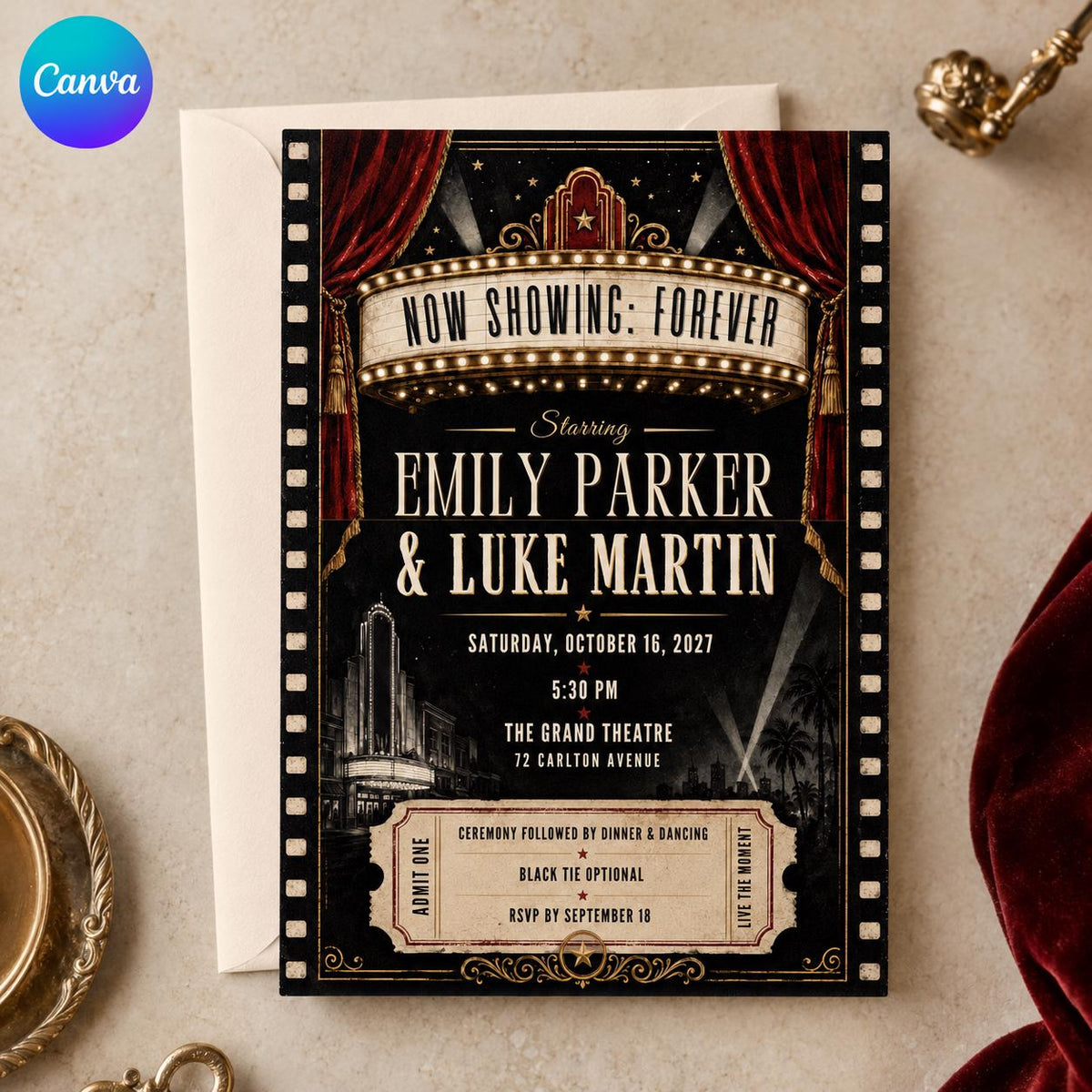 Black Vintage Movie Theater Wedding Invitation — editable Canva template
