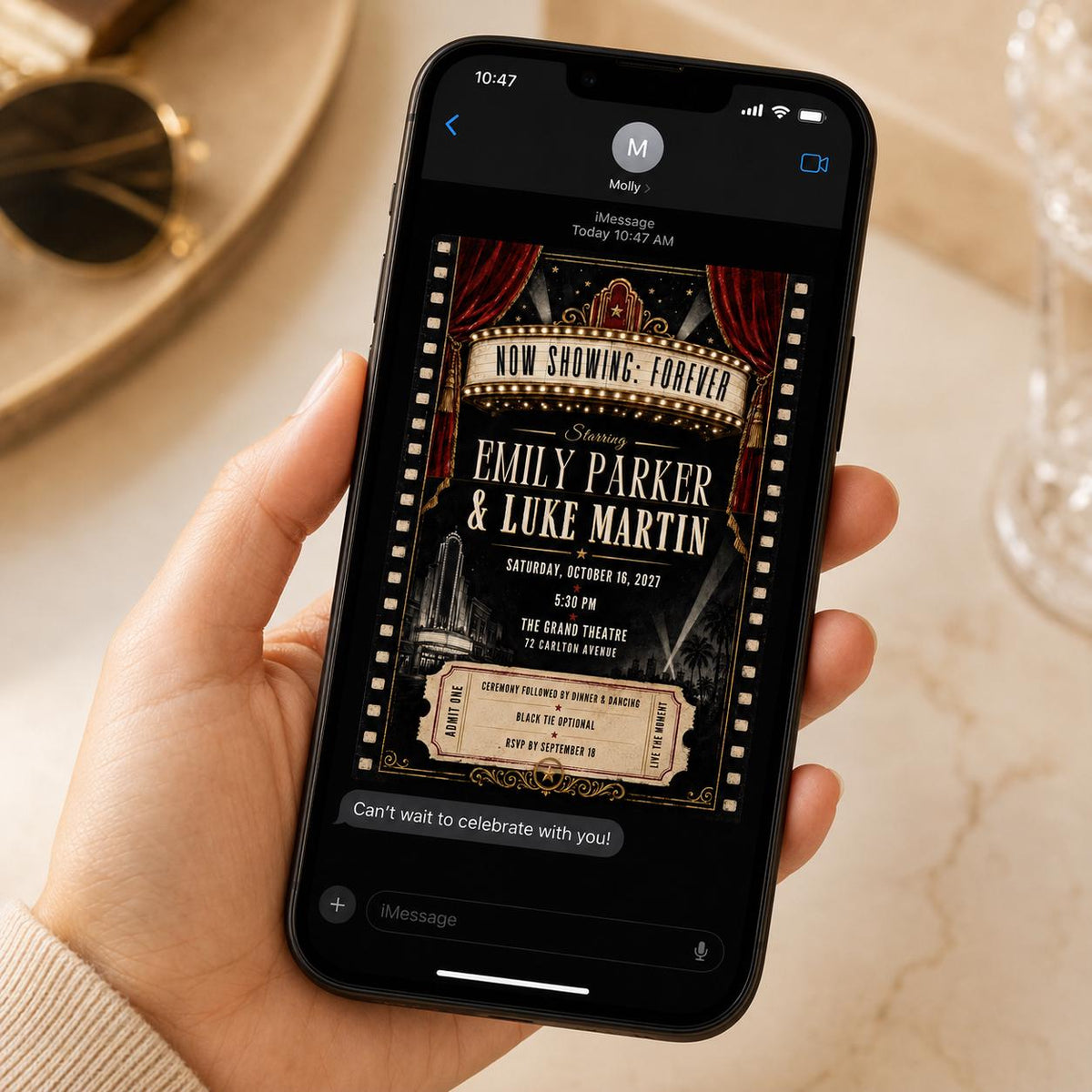 Black Vintage Movie Theater Wedding Invitation — invitation you personalize in Canva