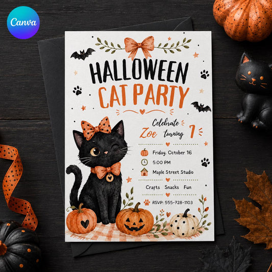 Black Watercolor Halloween Cat 7th Birthday Invitation for Girls — editable Canva template