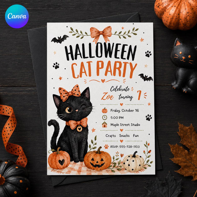 Black Watercolor Halloween Cat 7th Birthday Invitation for Girls