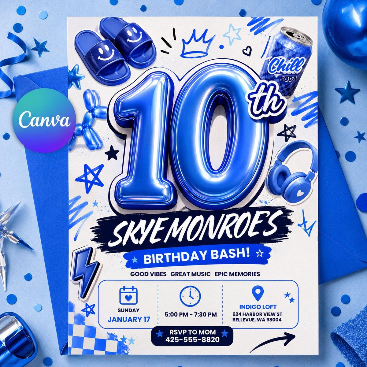 Blue 10th Birthday Invitation — editable Canva template