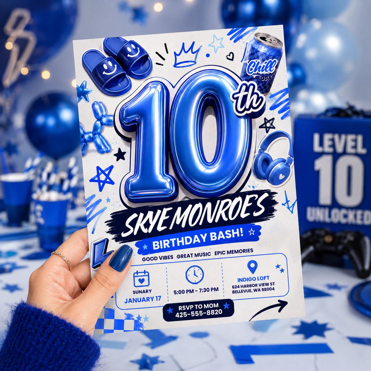 Blue 10th Birthday Invitation — print-ready 10th birthday party design from VoltBy
