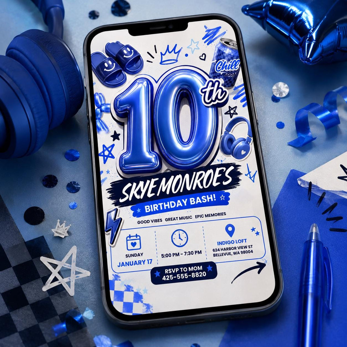 Blue 10th Birthday Invitation — digital invitation, instant download