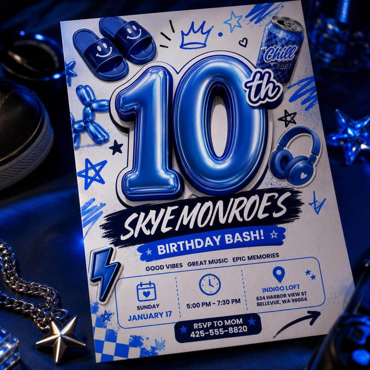Blue 10th Birthday Invitation — 10th birthday party stationery by VoltBy