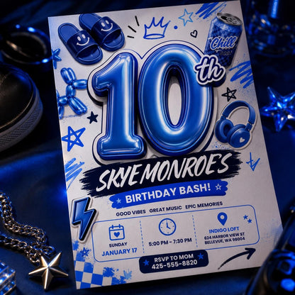 Blue 10th Birthday Invitation — 10th birthday party stationery by VoltBy