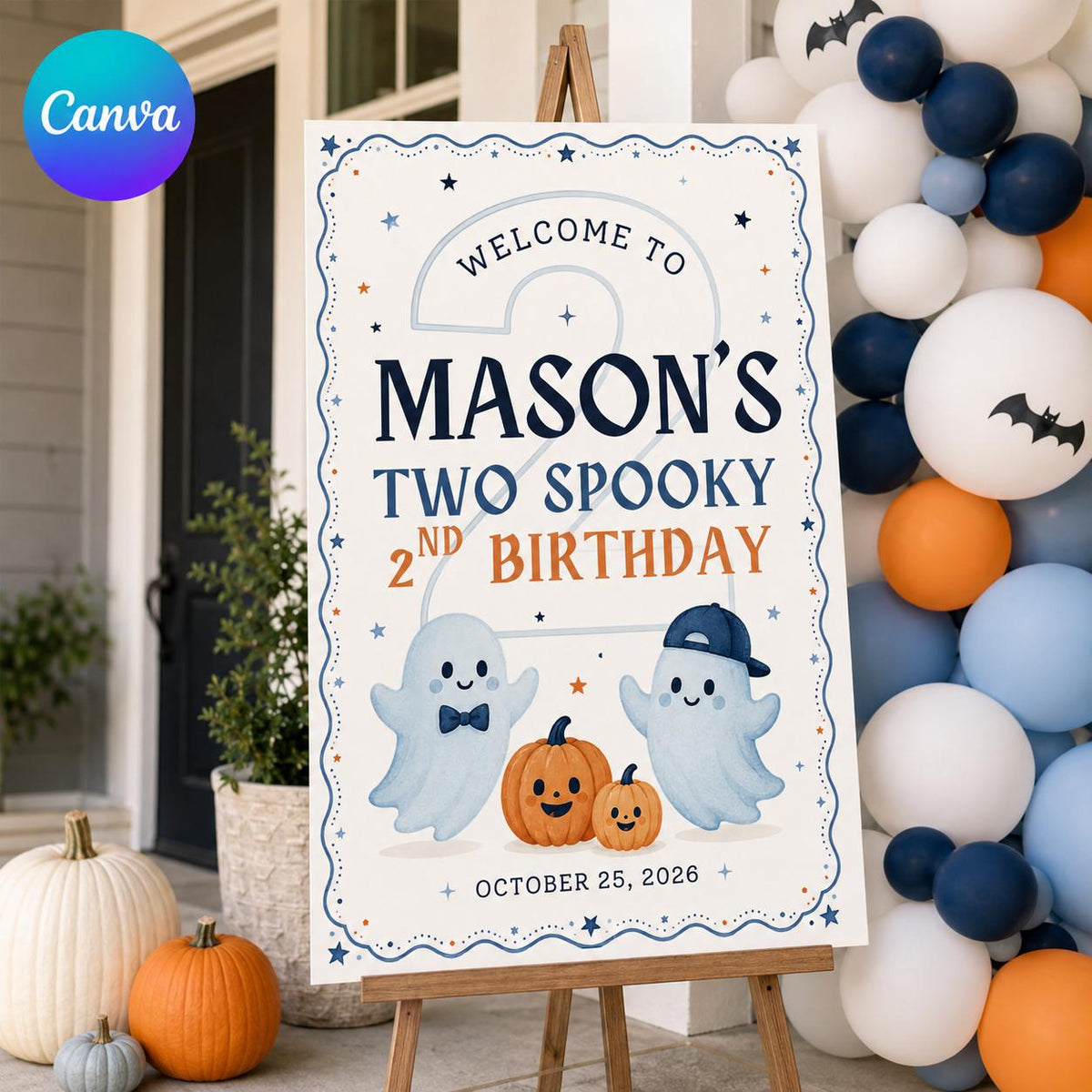 Blue 2nd Birthday Welcome Sign — editable Canva template