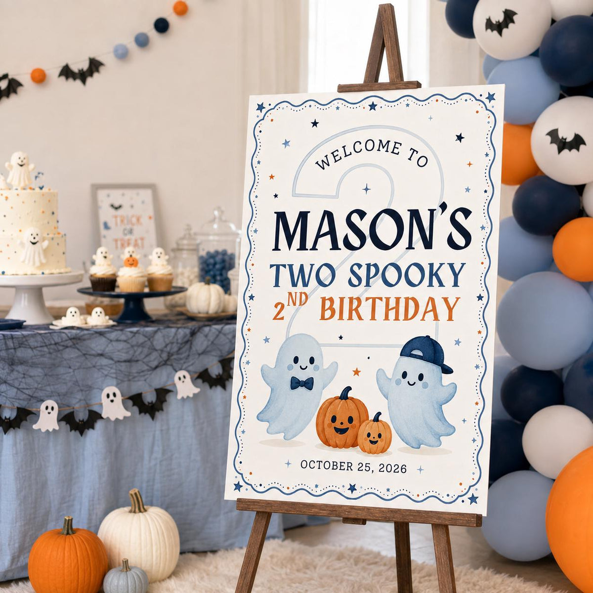 Blue 2nd Birthday Welcome Sign — ghost and pumpkin design