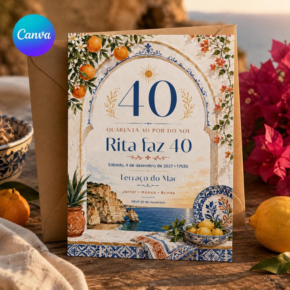 Blue 40th Birthday Invitation — editable Canva template