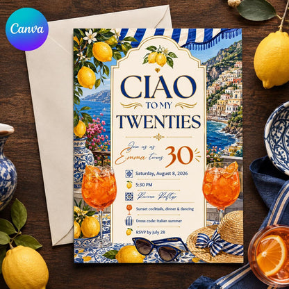 Blue Amalfi Coast 30th Birthday Invitation — editable Canva template