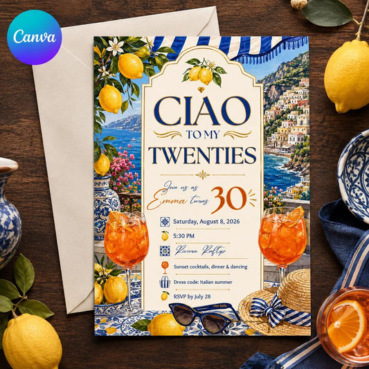 Blue Amalfi Coast 30th Birthday Invitation — editable Canva template