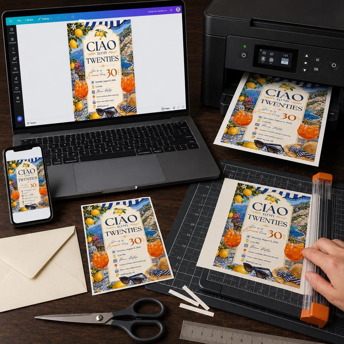 Blue Amalfi Coast 30th Birthday Invitation — print-ready 30th birthday party design from VoltBy