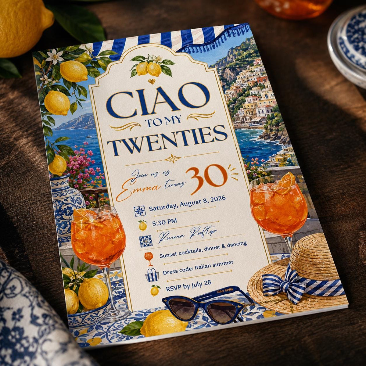 Blue Amalfi Coast 30th Birthday Invitation — digital invitation, instant download