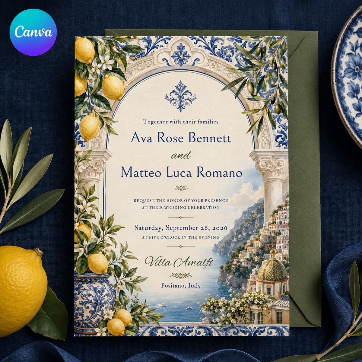 Blue Amalfi Coast Wedding Invitation — editable Canva template