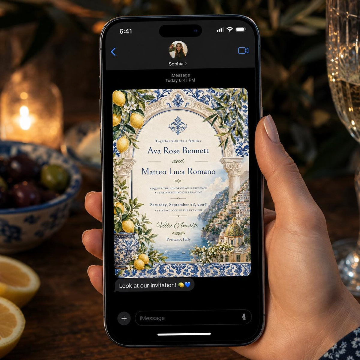 Blue Amalfi Coast Wedding Invitation — lemon and travel design