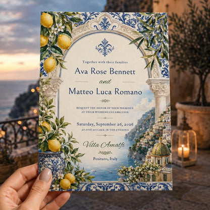 Blue Amalfi Coast Wedding Invitation — invitation you personalize in Canva