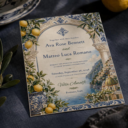 Blue Amalfi Coast Wedding Invitation — print-ready wedding design from VoltBy