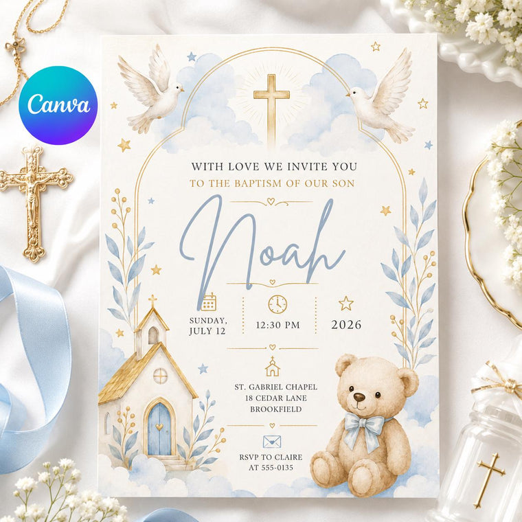 Blue and Gold Baptism Christening Invitation