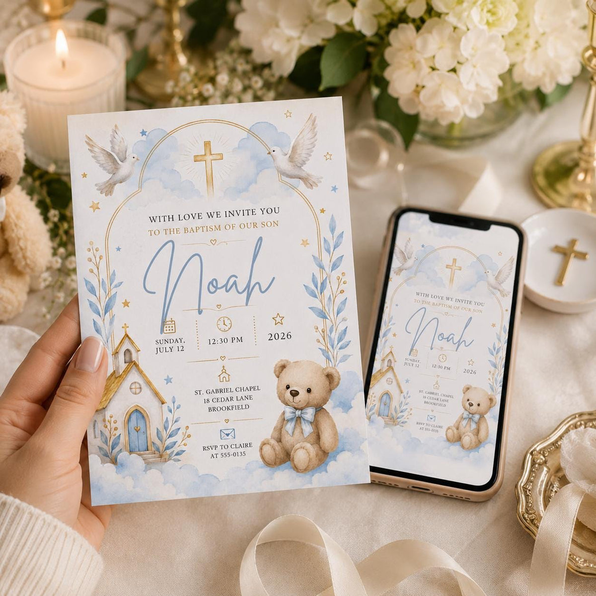 Blue and Gold Baptism Christening Invitation — chapel cross design