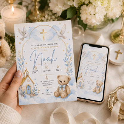 Blue and Gold Baptism Christening Invitation — chapel cross design