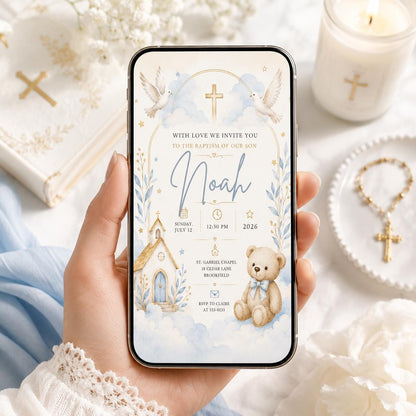 Blue and Gold Baptism Christening Invitation — watercolor baptism design